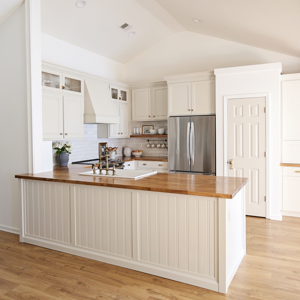 diy kitchen makeover with butcher block countertops and DIY kitchen island with beadboard, and edgecomb gray benjamin moore cabinets