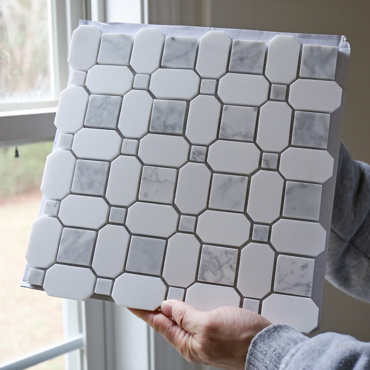 mosaic marble tile from Lowe's for bathroom floor