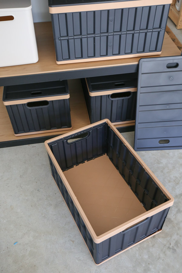 collapsible storage bin in garage for garage shelves