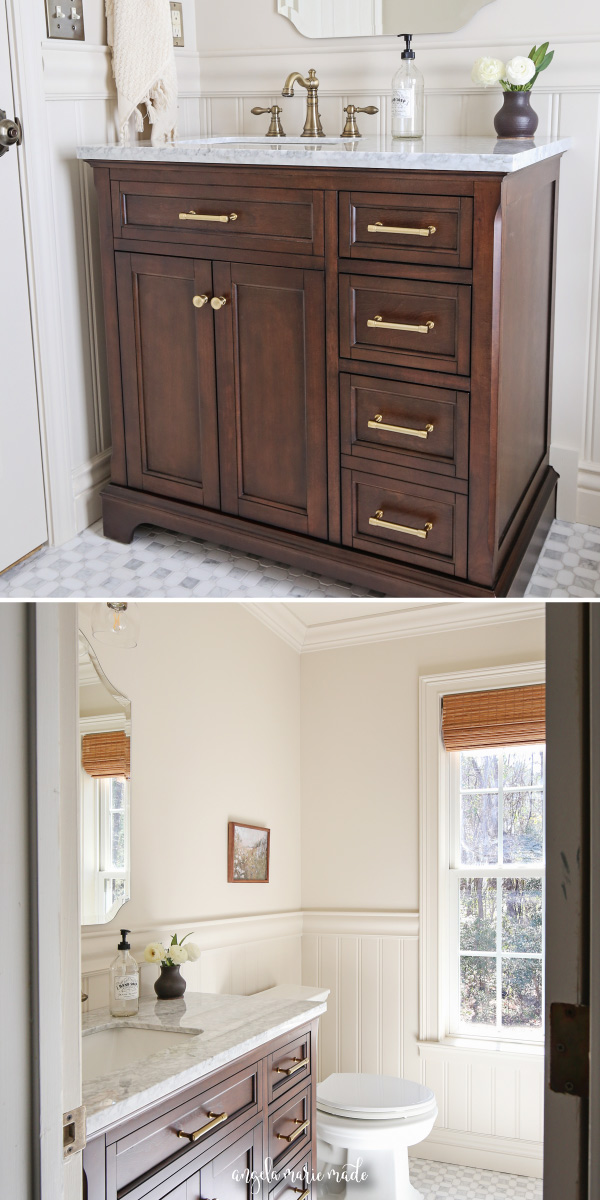 vintage charm bathroom makeover with frameless arch mirror, beadboard wainscoting, chair rail, marble floors and wood vanity