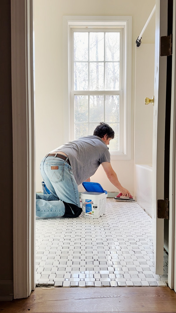 installing mosaic marble tile from Lowe's for bathroom floor 