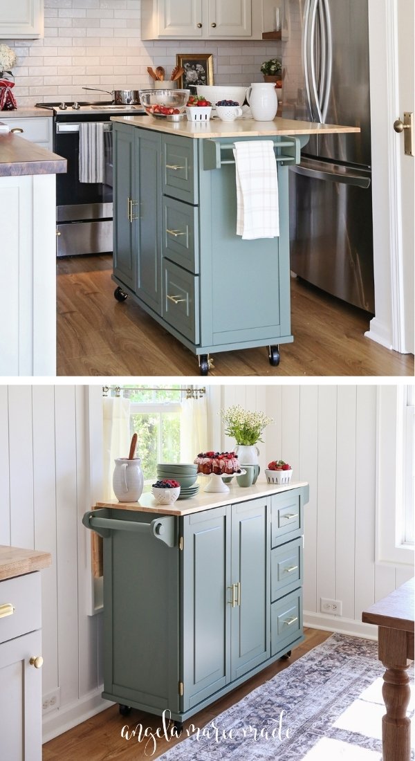 rolling kitchen island provides extra countertop space and storage in the dining room and the kitchen!