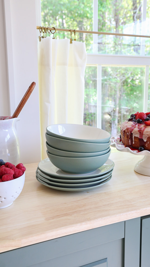 green and white stoneware dish set