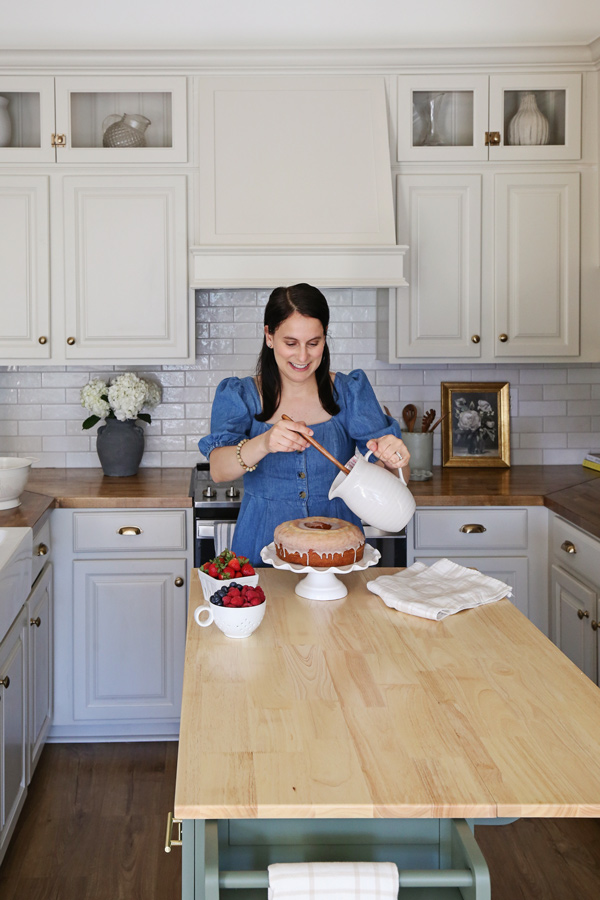 baking a cake on mobile kitchen cart