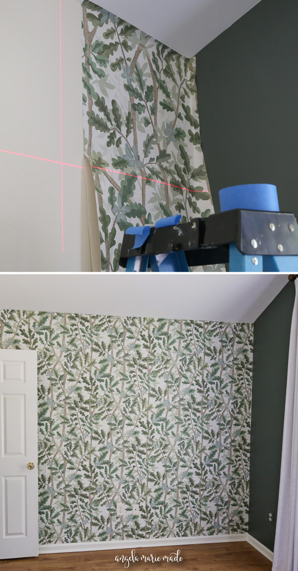 installing woodland tree peel and stick full wall wallpaper on boy bedroom wall