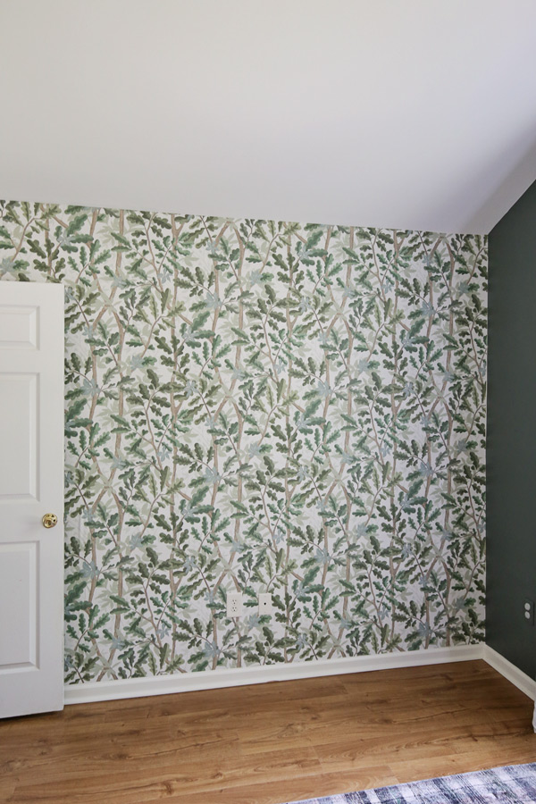 woodland tree peel and stick full wall wallpaper on boy bedroom wall