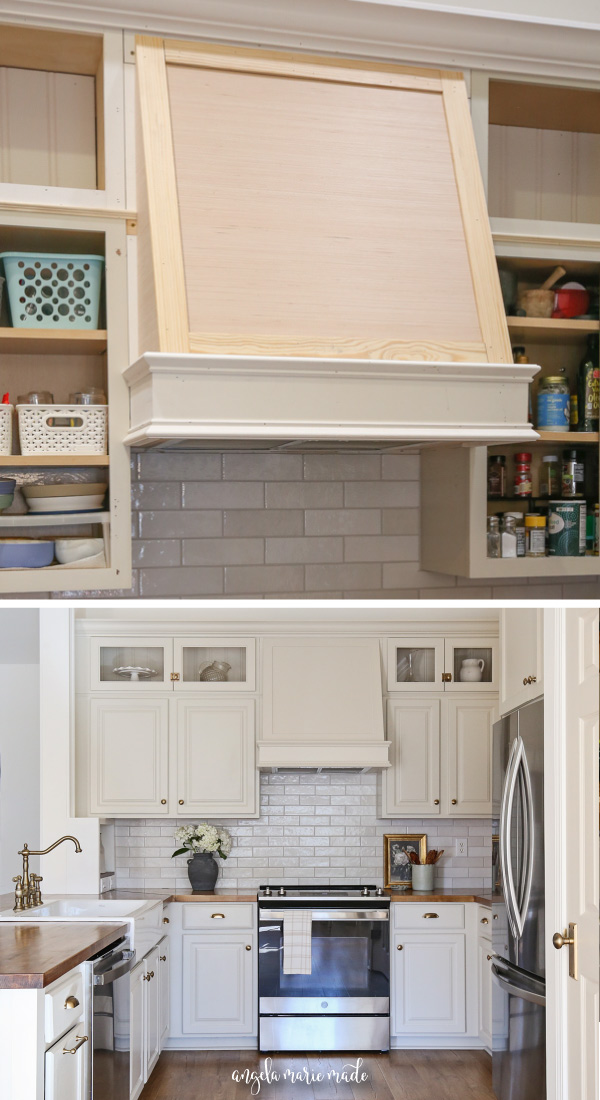 custom DIY range hood cover with molding in kitchen makeover