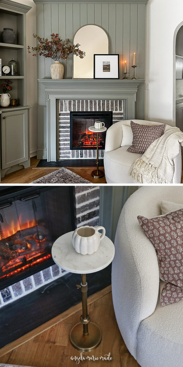 cozy fall fireplace decor and fall fireplace sitting area with swivel chair, mirror, fall pillow, fall stems