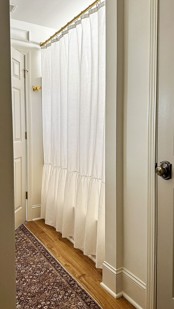 linen look extra long shower curtain with ruffle