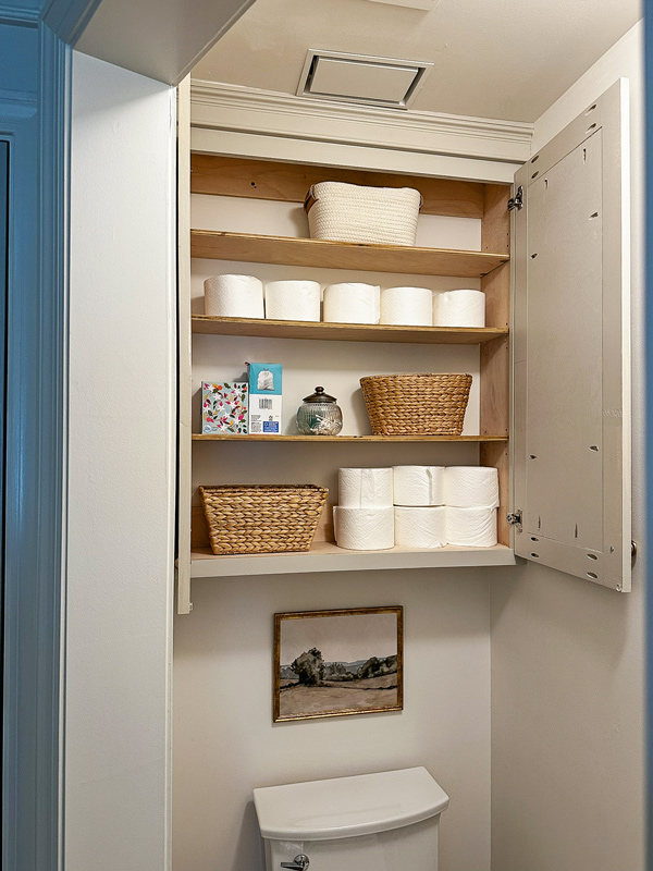 over the toilet storage cabinet in water closet with toilet paper storage