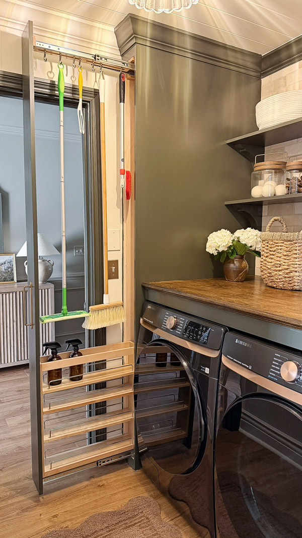 broom cabinet with pull out organizers in laundry room makeovers before and after