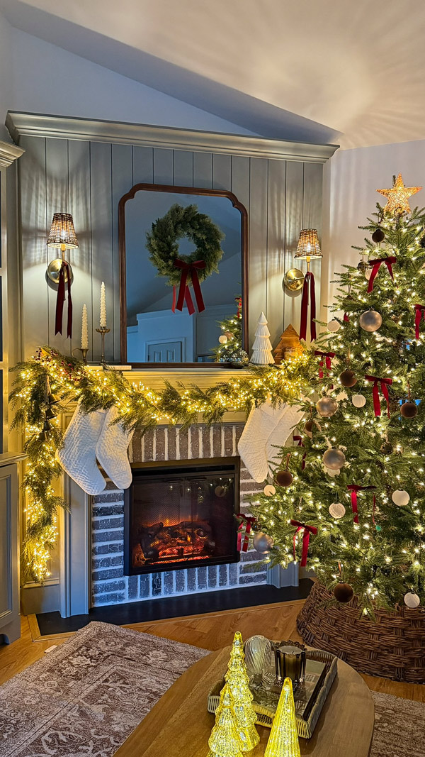 vintage inspired, cozy, classic Christmas mantel and Christmas tree with shiplap fireplace