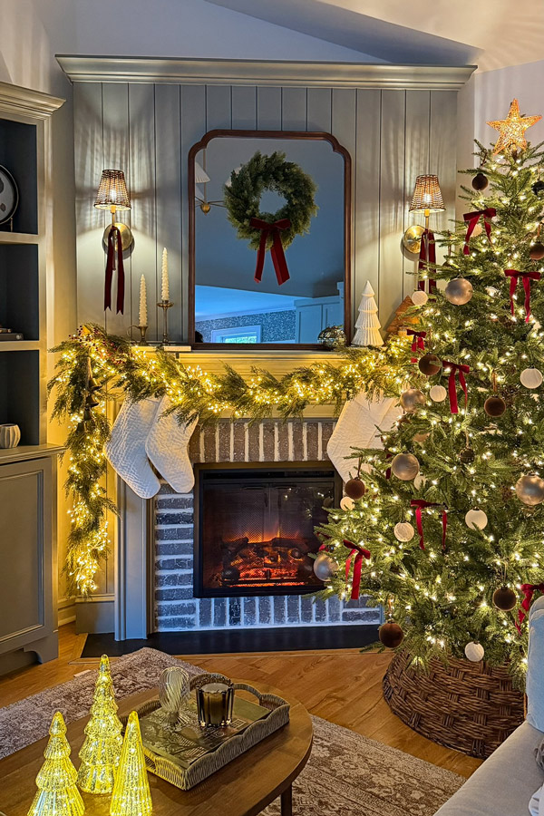 vintage inspired, cozy, classic Christmas mantel and Christmas tree with shiplap fireplace