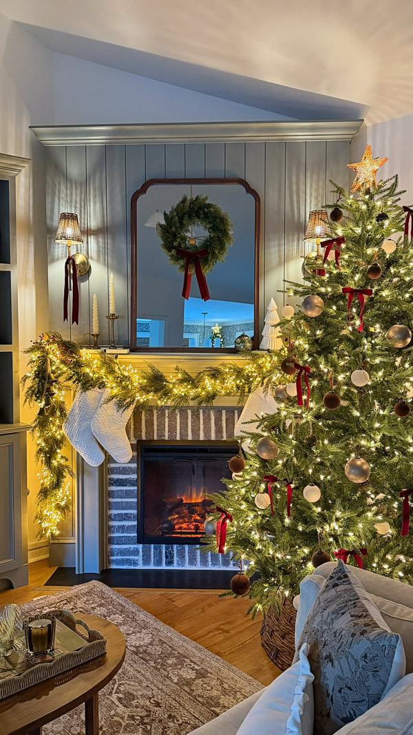 vintage inspired, cozy, classic Christmas mantel and Christmas tree with shiplap fireplace