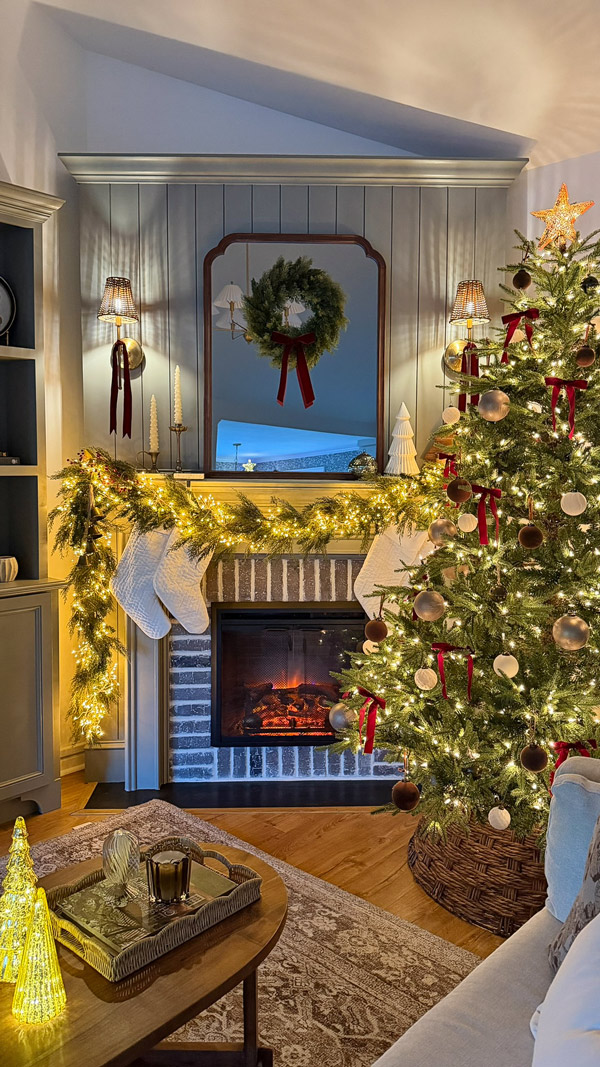 vintage inspired, cozy, classic Christmas mantel and Christmas tree with shiplap fireplace