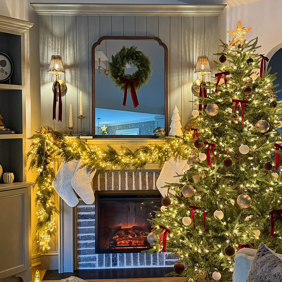 vintage inspired, cozy, classic Christmas mantel and Christmas tree with shiplap fireplace