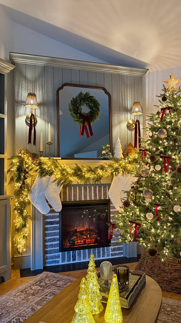 vintage inspired, cozy, classic Christmas mantel and Christmas tree with shiplap fireplace
