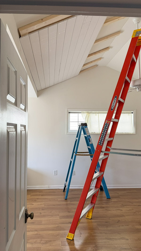 shiplap ceiling DIY on vaulted ceiling