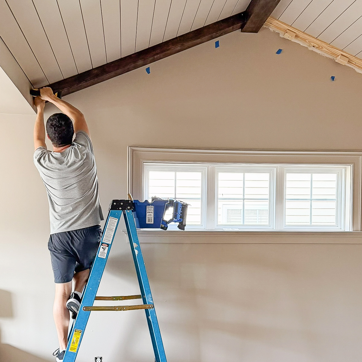 diy wood beams on vaulted ceiling