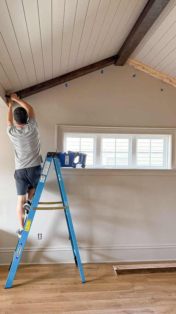 diy wood beams on vaulted ceiling
