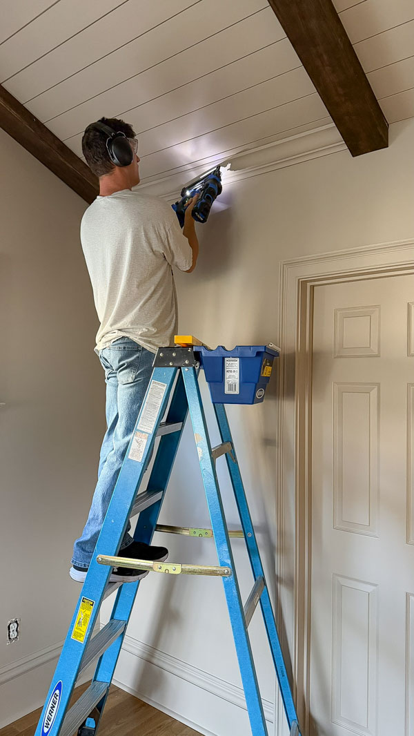 diy wood beams on vaulted ceiling with crown molding