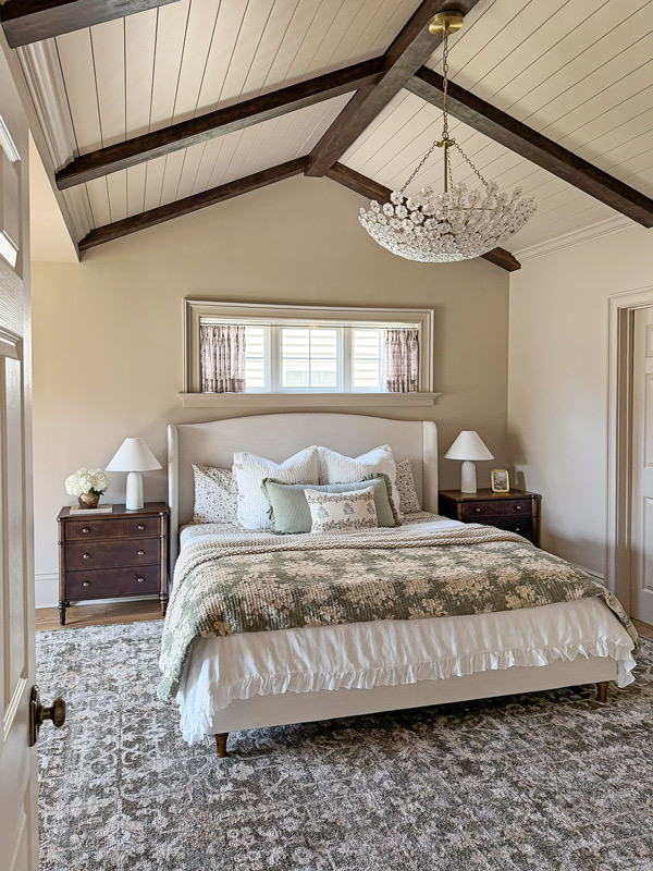 lighting upgrades to transform our home - Charming Primary Bedroom Makeover with patterns, florals, wood beams, cozy bedding