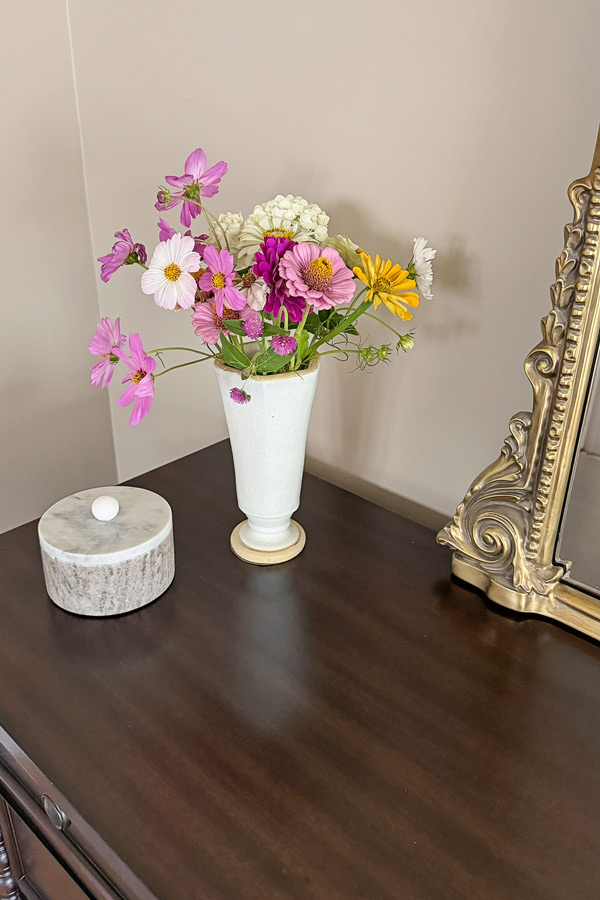bedroom makeover - pedestal vase with wildflowers
