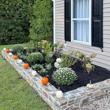 A Charming Fall Refresh for Our Stone Garden Bed with pumpkins and mums